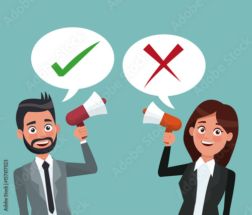 background scene set couple half body male and female in formal suit speaks for dialog box with check mark posotive and negative vector illustration