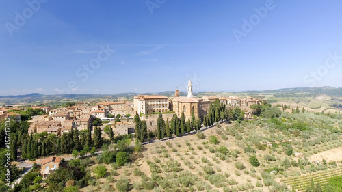 Beautiul aerial view of Pienza, Tuscany medieval town on the hill