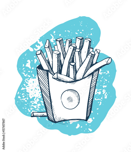 French fries hand drawn icon. Fast food restaurant menu sketch, vintage vector illustration isolated on white background.