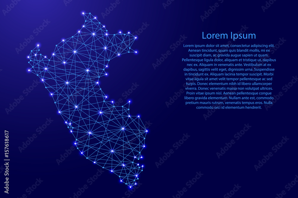 Map of Peru from polygonal blue lines and glowing stars vector illustration