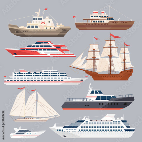 Set of different vessels. Sea boats and other big ships. Vector illustrations in flat style