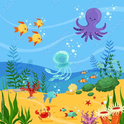 Photography Underwater background illustration with ocean animals, plants and fishes