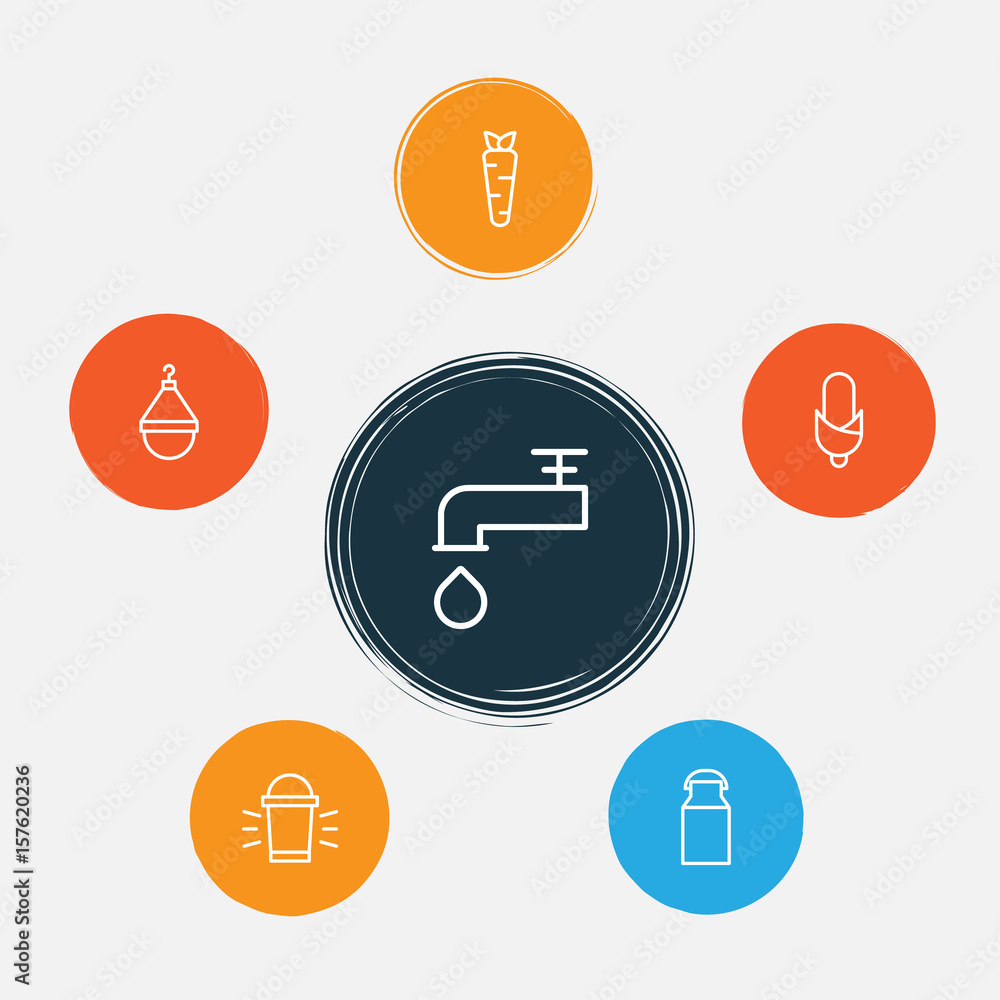 Icons Set. Collection Of Spigot, Hang Lamp, Root And Other Elements. Also  Includes Symbols Such As Carrot, Lantern, Weight. Stock Vector | Adobe Stock