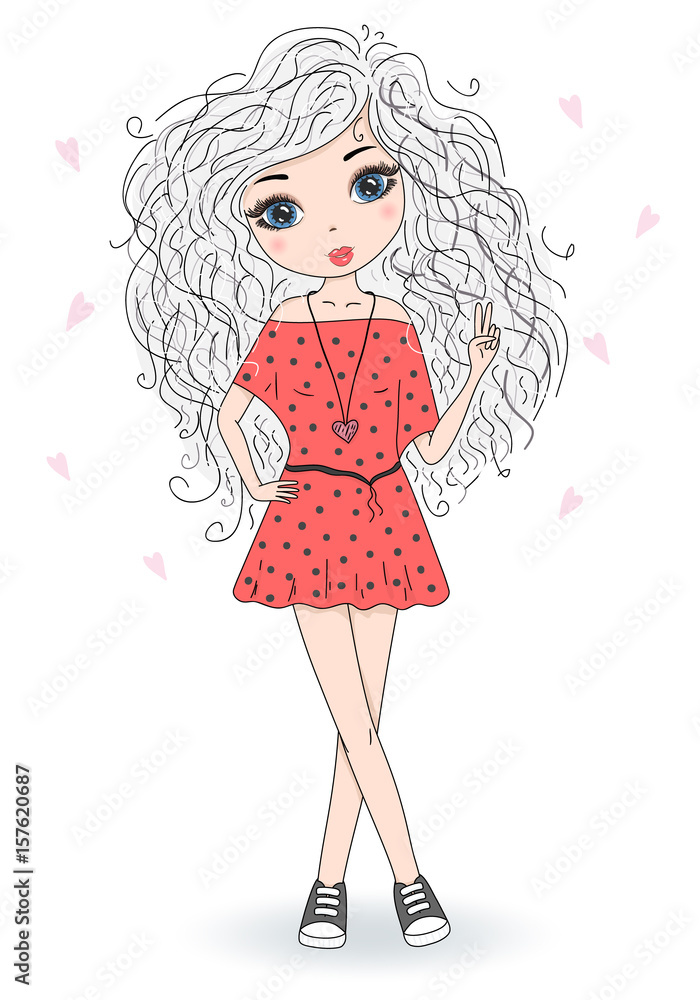 Hand drawn cute fashion cartoon girl. Vector illustration. Hand drawn cute fashion cartoon girl. Vector illustration.