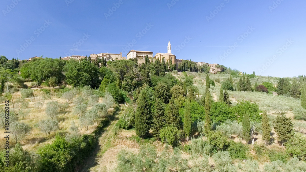 Fototapeta premium Beautiul aerial view of Pienza, Tuscany medieval town on the hill