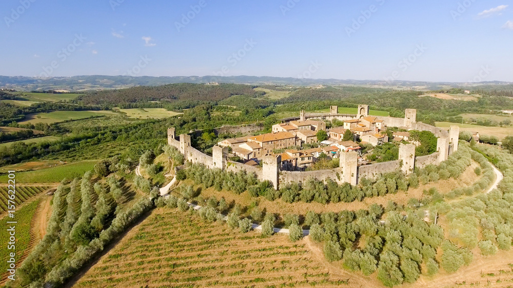 Beautiul aerial view of Monteriggioni, Tuscany medieval town on the hill