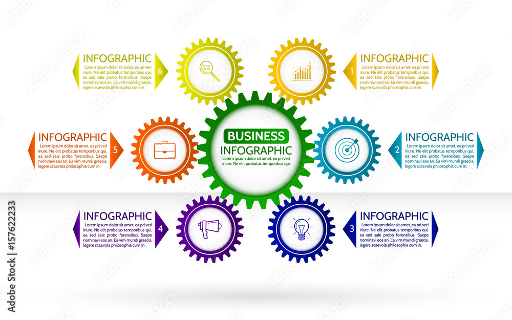 Infographic design template with gear chain. Colorful gear symbol with number, icons and Information text.