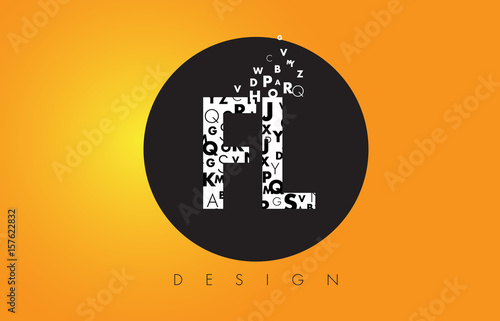 FL F L Logo Made of Small Letters with Black Circle and Yellow Background.
