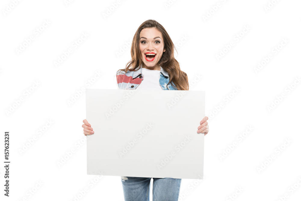 young caucasian woman holding empty banner with facial expression young caucasian woman holding empty banner with facial expression