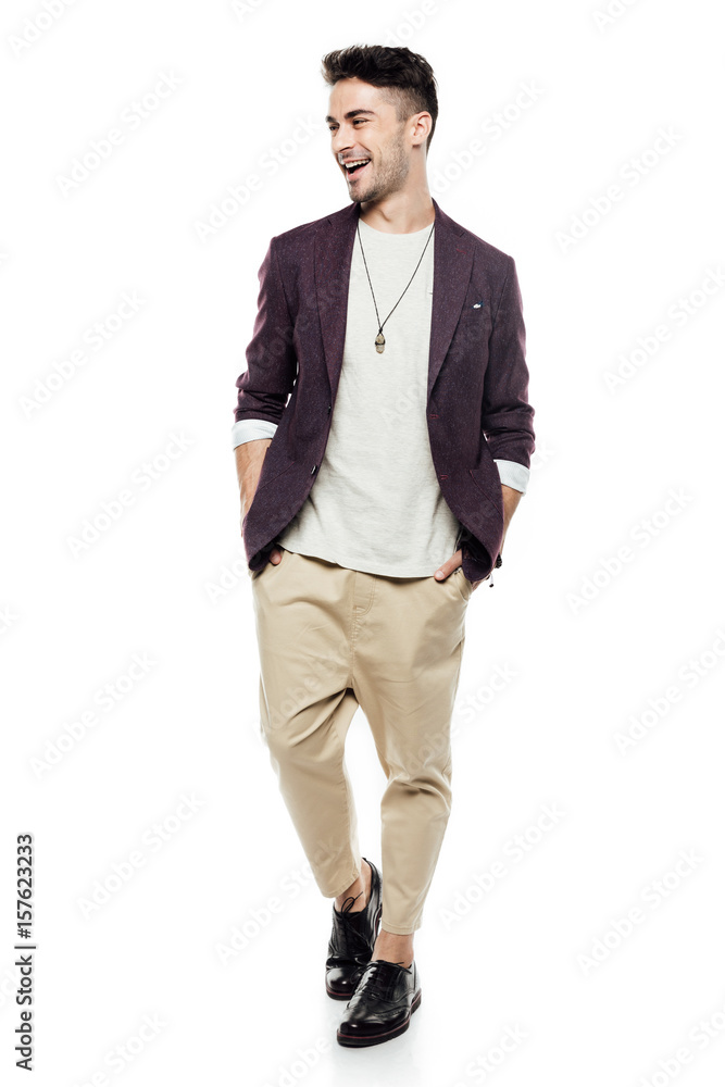 happy stylish young man wearing in jacket isolated on white happy stylish young man wearing in jacket isolated on white