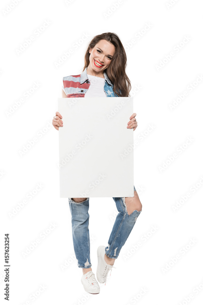 smiling caucasian girl holding empty banner isolated on white smiling caucasian girl holding empty banner isolated on white