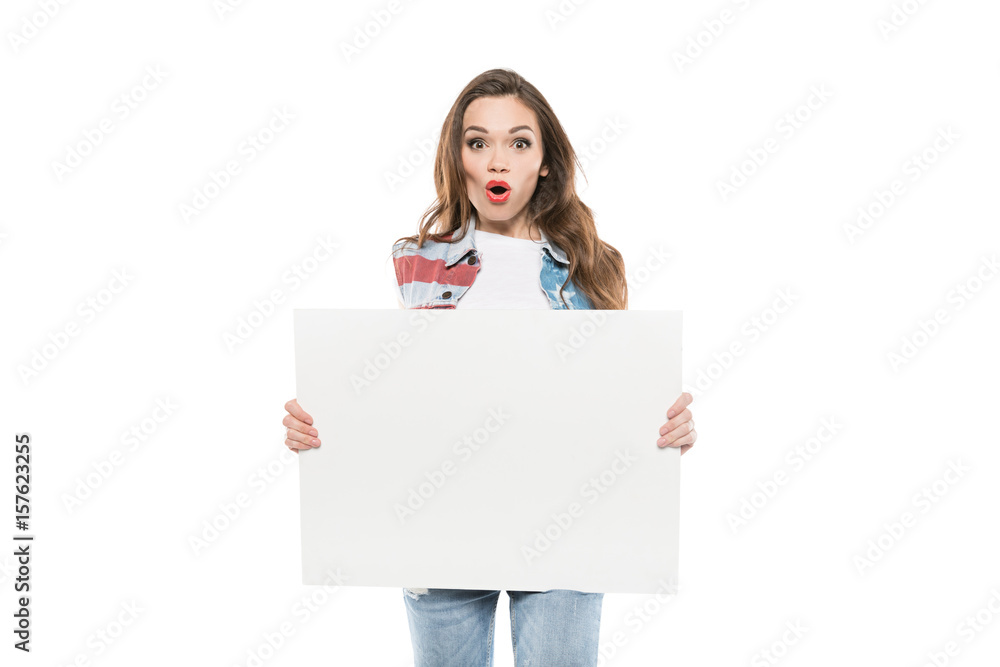 young caucasian woman holding empty banner with facial expression young caucasian woman holding empty banner with facial expression