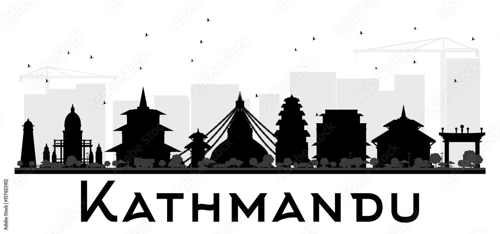 Kathmandu City skyline black and white silhouette.
