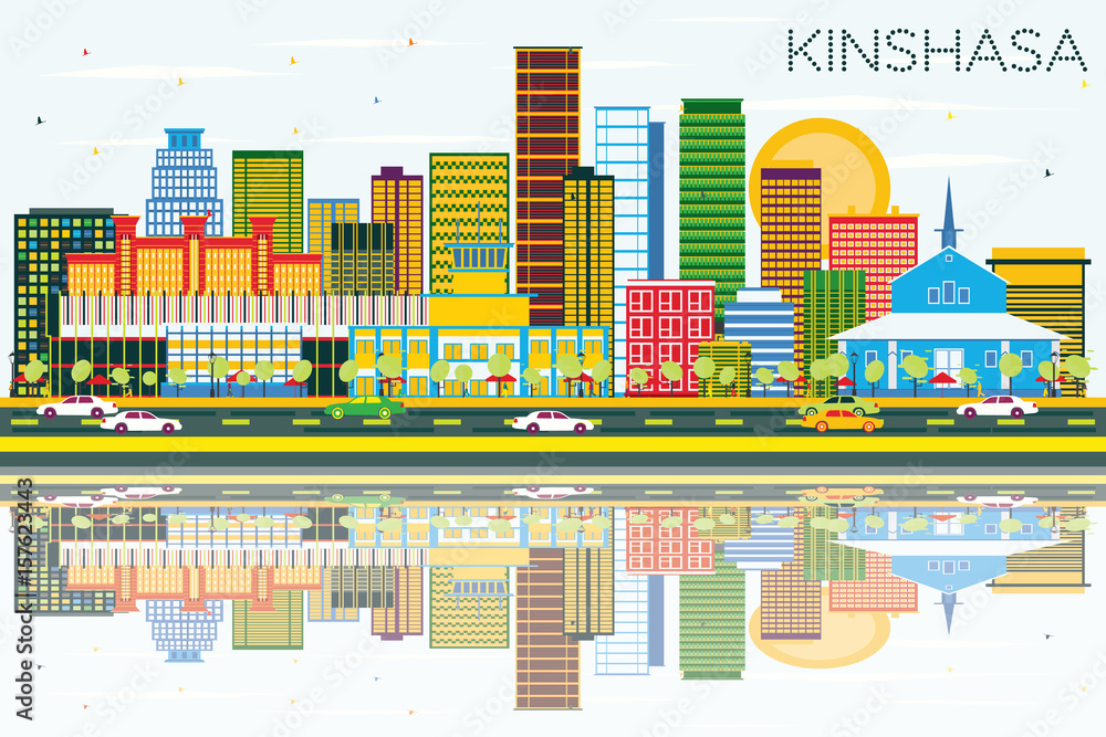 Kinshasa Skyline with Color Buildings, Blue Sky and Reflections.