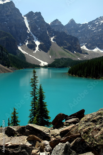 Beautiful view of the Moraine lake and the surrounding mountains, Rocky Mountains, Canada