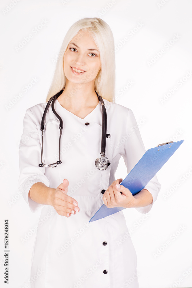 portrait of a young female doctor giving a hand portrait of a young female doctor giving a hand