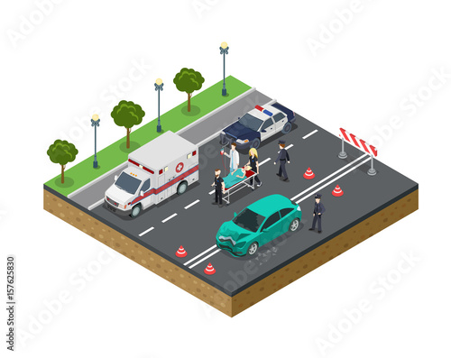 Flat isometric police doctor Injured crash vector. 3d emergence.