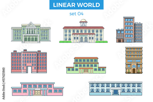 Linear flat building vector illustration set. City architecture concept