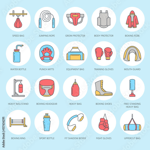 Boxing vector line icons. Punchbag, boxer gloves, ring, heavy bags, punching mitts. Sport training signs set, box championship pictogram with editable stroke for club, equipment store.