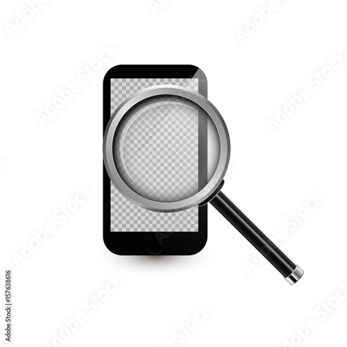 Mobile phone and Realistic Magnifying glass.Vector illustration. Smartphone with transparent screen for your image.3d vector mock up.Analytics  search  discovery  examine concept.