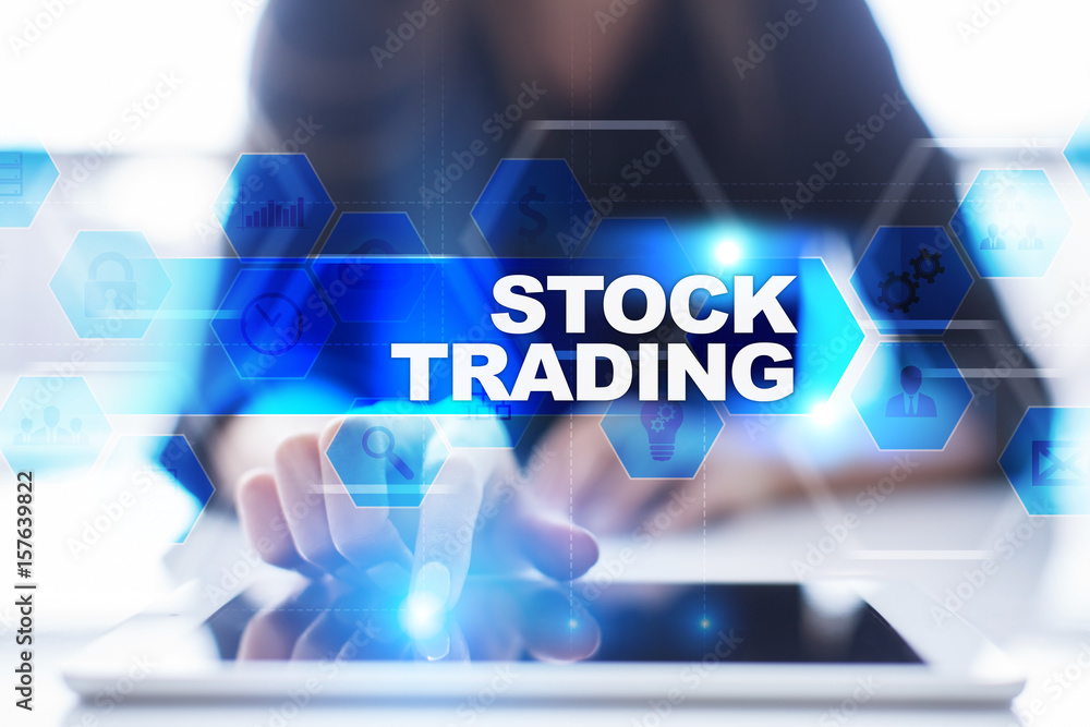 Woman using tablet pc, pressing on virtual screen and selecting stock trading. Woman using tablet pc, pressing on virtual screen and selecting stock trading.