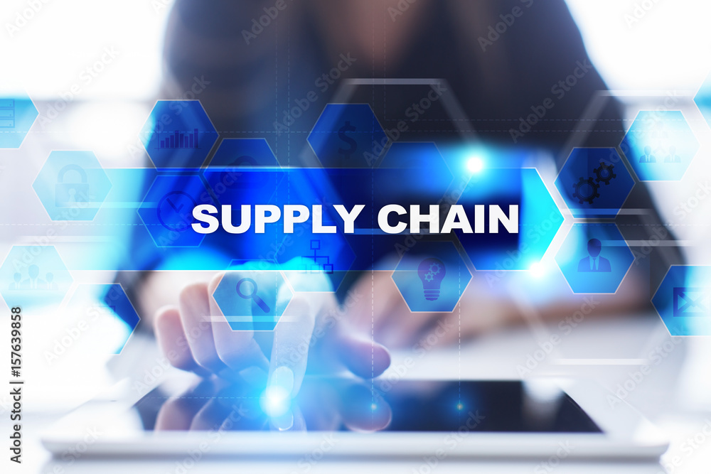 Woman using tablet pc, pressing on virtual screen and selecting supply chain. Woman using tablet pc, pressing on virtual screen and selecting supply chain.