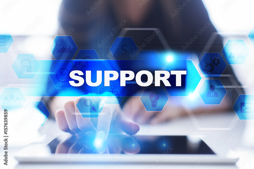 Woman using tablet pc, pressing on virtual screen and selecting support. Woman using tablet pc, pressing on virtual screen and selecting support.