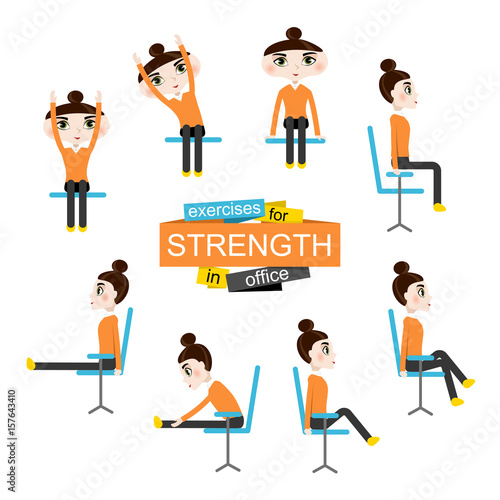Pretty girl is doing exercises for strength on the office chair.