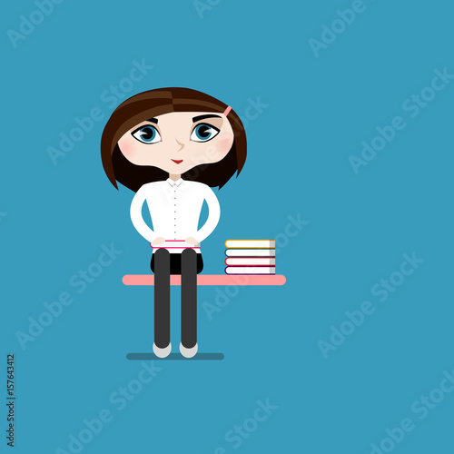 Pretty girl in office clothes sitting on the bench with books. Vector flat illustration.