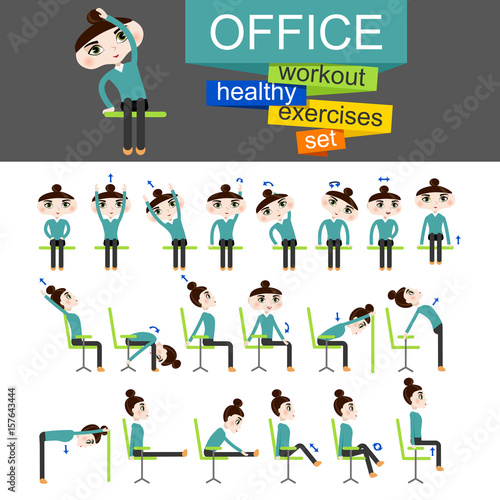 Pretty girl is doing exercises on the office chair.Woman in healthy poses set. Vector illustration.