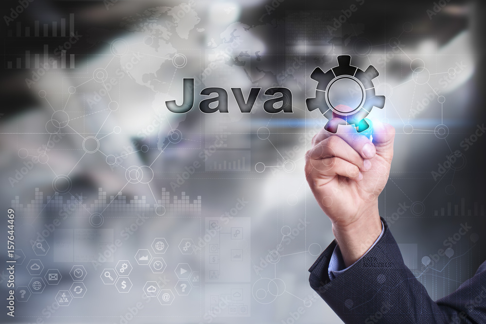 Businessman is drawing on virtual screen. java concept. Businessman is drawing on virtual screen. java concept.