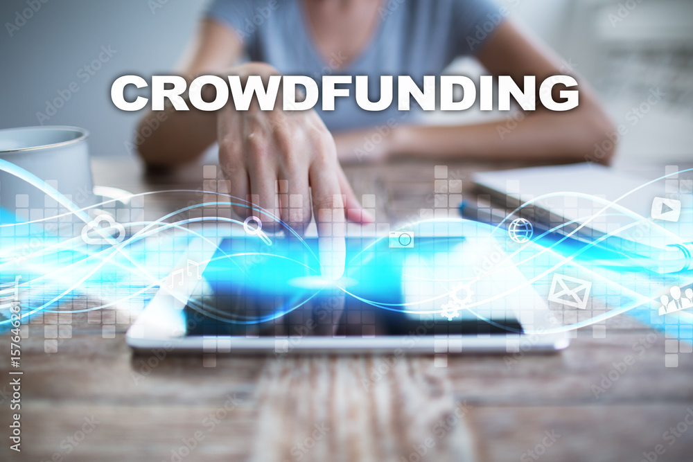 Woman using tablet pc, pressing on virtual screen and selecting crowdfunding. Woman using tablet pc, pressing on virtual screen and selecting crowdfunding.