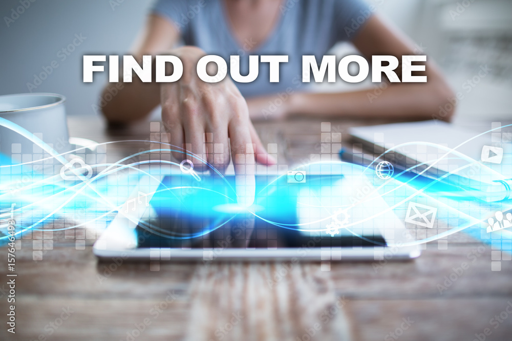 Woman using tablet pc, pressing on virtual screen and selecting find out more. Woman using tablet pc, pressing on virtual screen and selecting find out more.