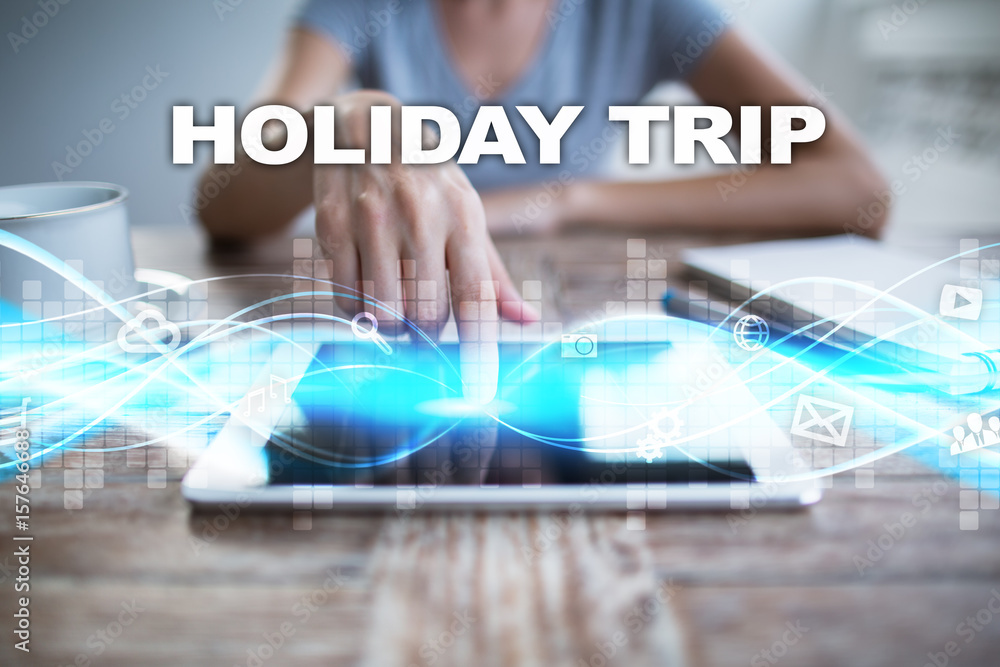 Woman using tablet pc, pressing on virtual screen and selecting holiday trip. Woman using tablet pc, pressing on virtual screen and selecting holiday trip.