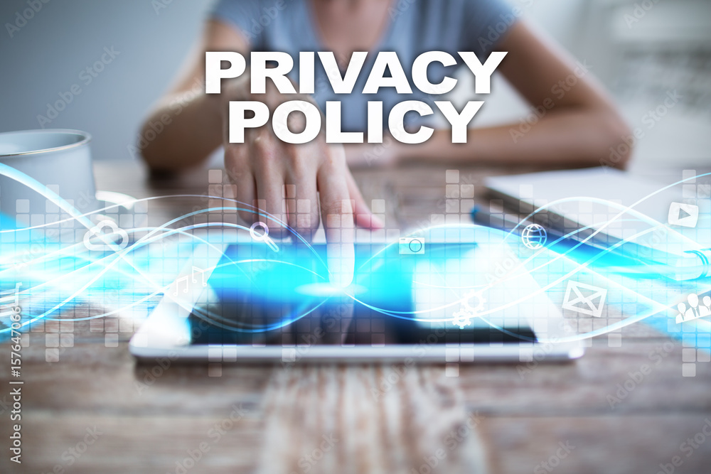 Woman using tablet pc, pressing on virtual screen and selecting privacy policy. Woman using tablet pc, pressing on virtual screen and selecting privacy policy.