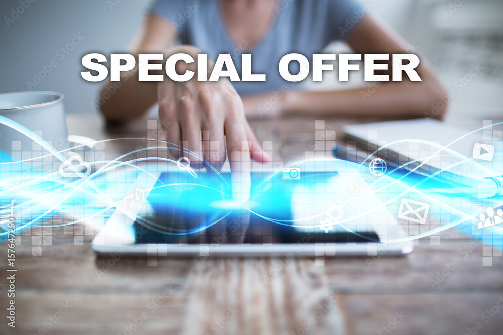 Woman using tablet pc, pressing on virtual screen and selecting special offer. Woman using tablet pc, pressing on virtual screen and selecting special offer.