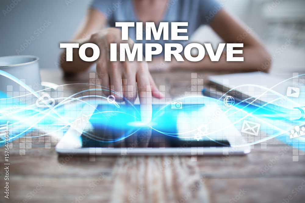 Woman using tablet pc, pressing on virtual screen and selecting time to improve. Woman using tablet pc, pressing on virtual screen and selecting time to improve.
