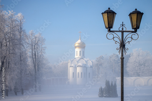 Dzerzhinsky, Russia - December, 2016: Ugresha Monastery in a foggy winter day. photo