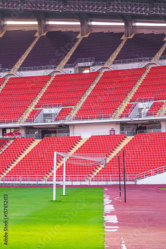 Soccer goal football on the green field inside the stadium