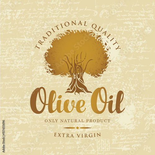 vector banner with an olive tree and the gold inscriptions olive oil on the background of the manuscript with blots