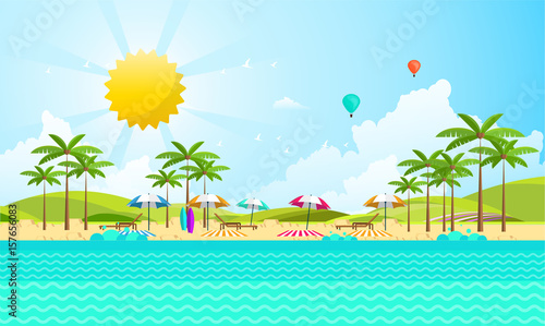 Flat Summer Background design. Vector Beach Landscape.