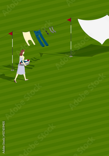 Different Uses Concept: housewife hanging clothes to dry on clothes-line on golf course.