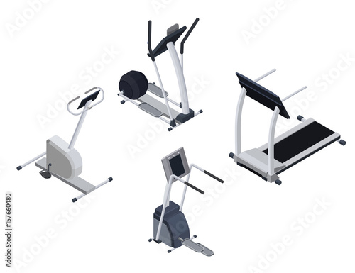 Spots cardio isometric equipment set with elliptical machine, stepper, bicycle, treadmill infographic fitness vector illustration