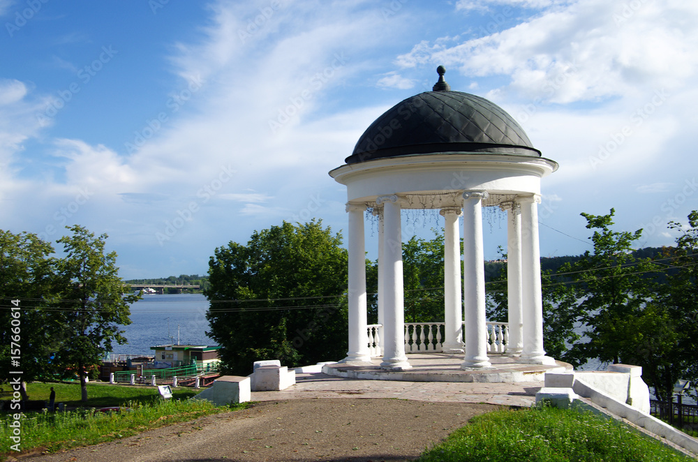 KOSTROMA, RUSSIA - July, 2016: Gazebo Ostrovsky on the bank of the Volga river KOSTROMA, RUSSIA - July, 2016: Gazebo Ostrovsky on the bank of the Volga river