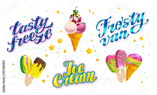 Vector flat collection of ice cream logo design isolated. Cartoon style.