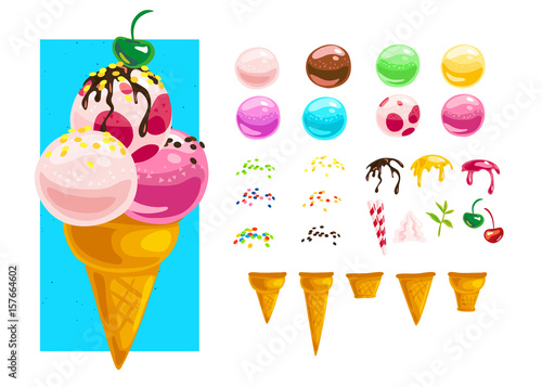 Vector flat ice cream illustration in cartoon style.