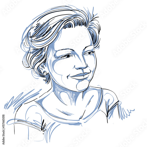 Hand-drawn vector illustration of beautiful romantic woman. Monochrome image, expressions on face of young lady with short hair.