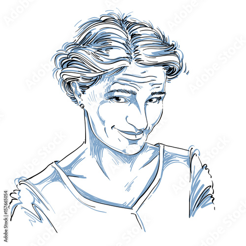 Vector portrait of attractive blameworthy woman, illustration of good-looking naive girl. Person emotional face expression.