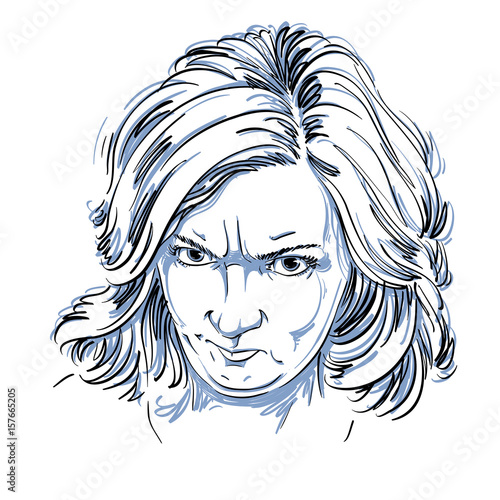 Vector portrait of angry woman with wrinkles on her forehead, illustration of good-looking but irate female. Person emotional face expression.