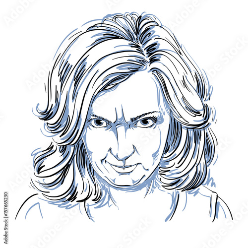 Hand-drawn portrait of white-skin arrogant woman with wrinkles on her forehead, face emotions theme illustration. Angry lady posing on white background.